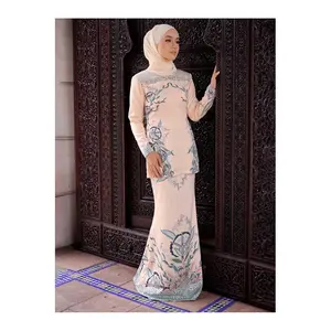 HotsaleファッションマレーシアスーツエレガントなプリントレディースBajuKurung控えめなトップスカート付きイスラム教徒BajuMelayuエスニック服オンライン