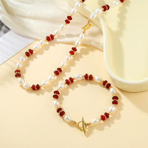 Nuevo Collar de Perlas de Agua Dulce Naturales de Estilo Chino, Color Blanco Perla y Ágata Roja, con Forma de Gota de Agua y Grano de Arroz, Cadena para Clavícula - Product Image 3