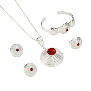 Ethiopia Silver Color Wedding Accessories Trendy Red Stone Necklace Earrings Ring Bangle Jewelry Set