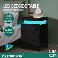 Vente en gros Table de chevet noire avec 3 tiroirs et 4 côtés Armoire de chevet à LED très brillante avec 16 couleurs Armoire latérale Table de chevet