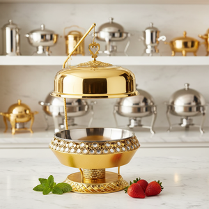 Prêt à expédier – Plat de service rond doré de luxe avec couvercle suspendu pour buffet, chauffe-plats pour mariages et traiteurs (vente en gros) - Product Image 6