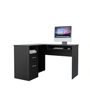 Bureau d'ordinateur en forme de L Bradford avec étagère pour clavier, finition bois Wengue noir, tiroirs de rangement, mobilier de bureau à domicile - Product Image 1