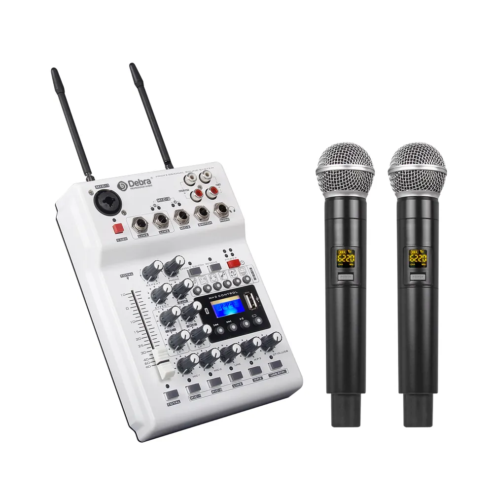 Debra Audio MM-02 UHF Dual Channel Wireless Microphone Handheld Mic with Audio Mixer USB BT5.0 Reverb for PC Recording Karaoke