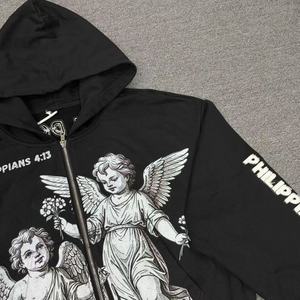 Nuova <span class=keywords><strong>Felpa</strong></span> con Cappuccio Nera Oversize con Zip e Stampa Appliqué Angelo, Design Tagliato, Stile Streetwear Cristiano, 100% Cotone - Collezione 2026 - Product Image 2