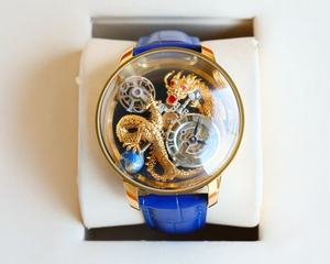 Reloj Mecánico Automático de Alta Gama con Correa de Cuero Azul, Movimiento Tourbillon, Diseño Artístico de Dragón - Product Image 3