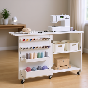 Table à coudre pliante blanche avec étagères de rangement et roulettes verrouillables pour usage de bureau - Product Image 2