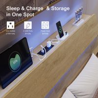 Cadre de lit Queen Size avec LED et station de charge, tête de lit en bois robuste avec rangement et lattes métalliques pour hôtels et appartements