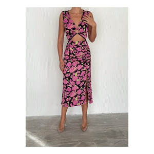 Vestido de satén floral para mujer, cuello en V profundo, sin mangas, abertura frontal con cremallera, vestido de fiesta, cintura natural, 120 cm de largo - Product Image 1