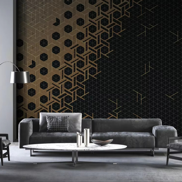 Custom Size Gold Accented Geometric Relief Wallpaper Luxury Metallic Wall Mural for Living Room Feature Hotel Lobby Renovation