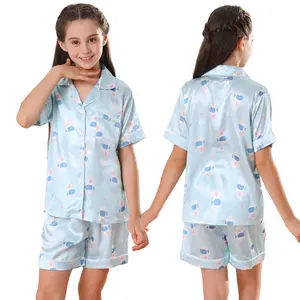 2-piece ice silk pajamas children's thin short sleeved shorts cartoon astronaut print summer little girl sleepwear home suit set