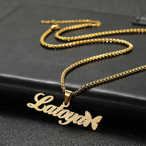 Frosted Style Custom Typenschild Halskette Personal isierte 18 Karat Gold Edelstahl Perlenkette Frauen Initial Butterfly Halskette - Product Image 3