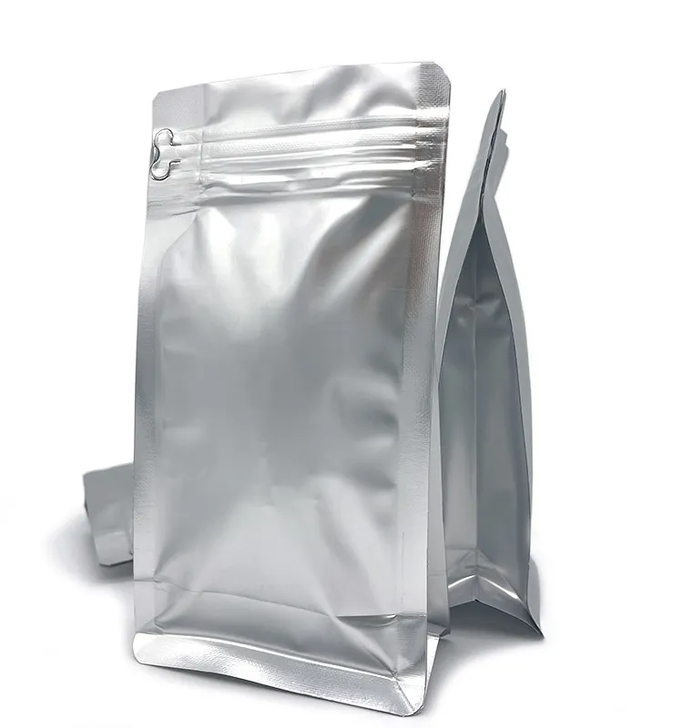 Confezione a fondo piatto da 8 once borsa in alluminio di plastica borsa a soffietto laterale con cerniera inferiore quadrata borsa da caffè in argento opaco