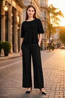 Haut élégant côtelé à manches courtes pour femme, avec boutons au dos et ourlet à franges, chemisier décontracté ample, chemise tricotée tendance pour le bureau