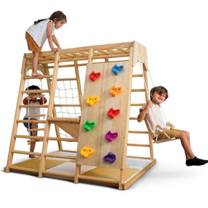 Aire de jeux intérieure Montessori, mur d'escalade multifonction en bois arc-en-ciel, barre de grimpeuse réglable pour enfants - Product Image 1