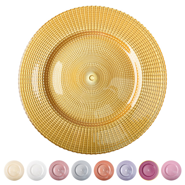 Wholesale Cheap Gold Silver Opal Glass Charger Plates Gold Rim Charger Plate Custom Color Multi-shape Texture Design for Wedding
