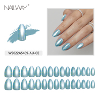 Fournisseur d'ongles haut de gamme Nailway, ongles press-on personnalisés de couleur bleu clair, forme amande, effet œil de chat, à coller sur les doigts
