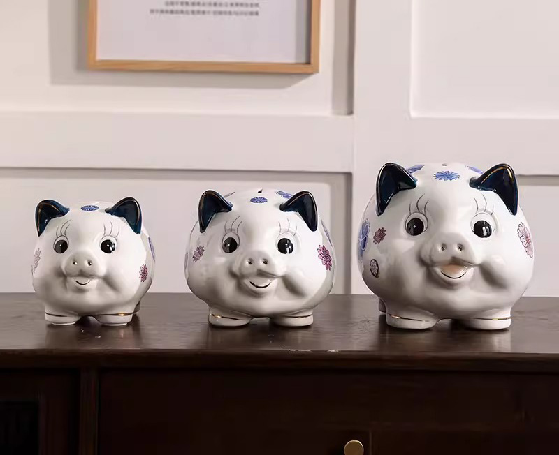 カラフルな陶器のブタ貯金箱 - 手作りの可愛い貯金箱 S/M/Lサイズ