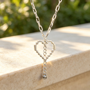 Collier chaîne trombone avec pendentif cœur pixelisé, ton <span class=keywords><strong>argent</strong></span>é, design ajouré à maillons superposés, bijoux pour femme, vente en gros 1125 - Product Image 3