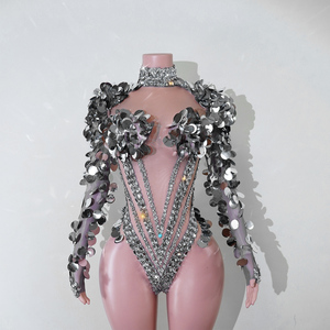 Body de luxe en cristal Chevron à sequins, avec coupe éclatante, col choker <span class=keywords><strong>marquise</strong></span>, dos en V profond et maille transparente, pour costume de scène de danse de salon - Product Image 2