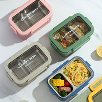 Boîtes à lunch en acier inoxydable 304 de 800 ml avec compartiments, couvercle transparent, étanches, avec double boucle latérale, logo personnalisé