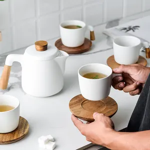 Matt Black Mugs Ceramic Tea Cups Wood Saucer With Wooden Handle Coffee Cup Gift Set Ceramics Tea Sets