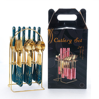 Pas cher prix marbre motif alimentaire couteau fourchette cuillère 24 pièces ensemble vert foncé hôtel Western vaisselle couteau à Steak fourchette et cuillère