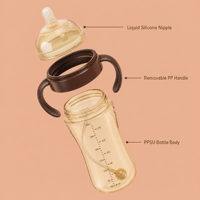Biberon en silicone personnalisé de 300 ml avec tétine en silicone liquide, poignée, paille et bille lestée