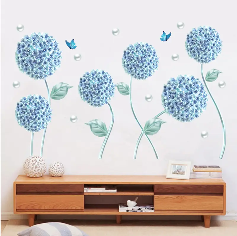 Blue Hydrangea Dandelion Butterfly Wall Decal White Pearl Wallpaper For Living Room Bedroom Home Decor TV Background Sticker