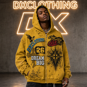 Maßgefertigter Atelier 360gsm Distressed Grafik-Zip-Hoodie mit Schwerer Waschung, Roher Kante, Private Label, Metallreißverschluss, Sweatshirt, Streetwear OEM ODM - Product Image 3