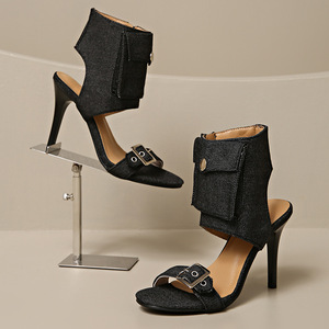 Pantalones de mezclilla elegantes de verano con bolsillos de solapa, tacones altos, talla grande, tacón de aguja, cremallera lateral y hebilla para mujer - Product Image 3