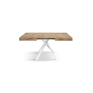 Table à manger extensible Leonardo 95 à 145 cm, plateau en chêne rustique, pieds croisés blancs, usage intérieur - Product Image 2
