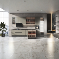 Meubles de cuisine contemporains Sofeyia, gris mat, style minimaliste neutre, sans poignées, avec éclairage LED, vitrine en verre, rangement et niche à vin ouverte