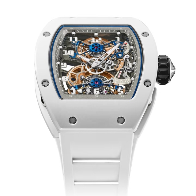 Luxury High Quality Durable White Ceramic Watch Tonneau Skeleton Tourbillon Mechanical Unisex Watch Sports Watch Casual Watch