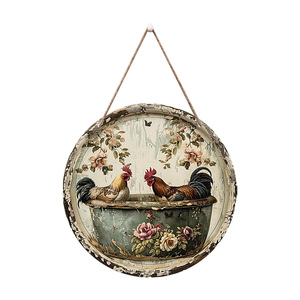 Vintage <b>wall</b> <b>decorations</b>, country garden ornaments, distressed potted chicken pattern wooden round signboard - Product Image 5