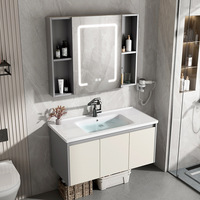 Meuble-lavabo mural pour projet hôtelier, en aluminium étanche, avec vasque en pierre frittée, miroir LED rond et étagère