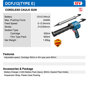 Deko — <span class=keywords><strong>pistolet</strong></span> de calfeutrage électrique sans fil, avec double cartouche, batterie au Lithium, 300ml, <span class=keywords><strong>12V</strong></span> - Product Image 6