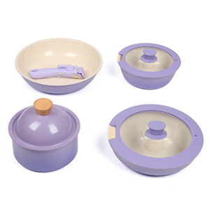 Juego de ollas y sartenes de cerámica antiadherentes moradas con asas extraíbles, apilables para ahorrar espacio, de aluminio ligero para cocina - Product Image 6