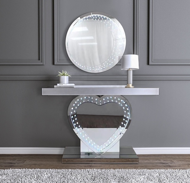 LED Crushed Diamond Crystal Mirrored Console Table with Decorative Wall Mirror Set Entrance Hallway Table Muebles Meubles