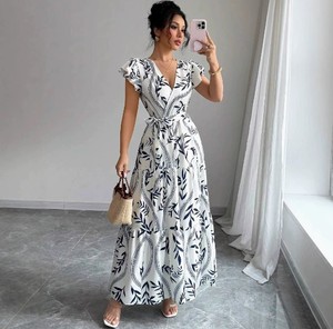 Robe d'été décontractée pour femme 2025, imprimé floral, coupe trapèze, manches courtes, ourlet naturel, longueur ras du sol, tricotée, imprimée numériquement, devant ODM - Product Image 4