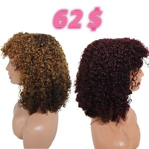 Letsfly Promotion 62$ Perruques Pixie bouclées avec frange 14 pouces Densité 250% Sans dentelle 210 grammes 100% Cheveux vierges brésiliens Brun clair Vente en gros - Product Image 1