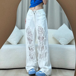 American Vintage Lace Ripped Denim <span class=keywords><strong>Pantalon</strong></span> de vadrouille <span class=keywords><strong>blanc</strong></span> à taille haute et à séchage rapide pour femmes - Product Image 1