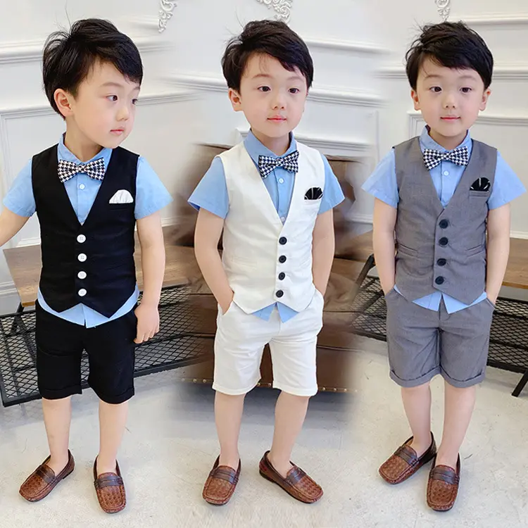 Kleding Kids Set Kind Pak Baby Prom Bruiloft Bloem Jongens Formele Kleding Vest Shirt Shorts Kids Birthday Party Kostuums Voor jongen