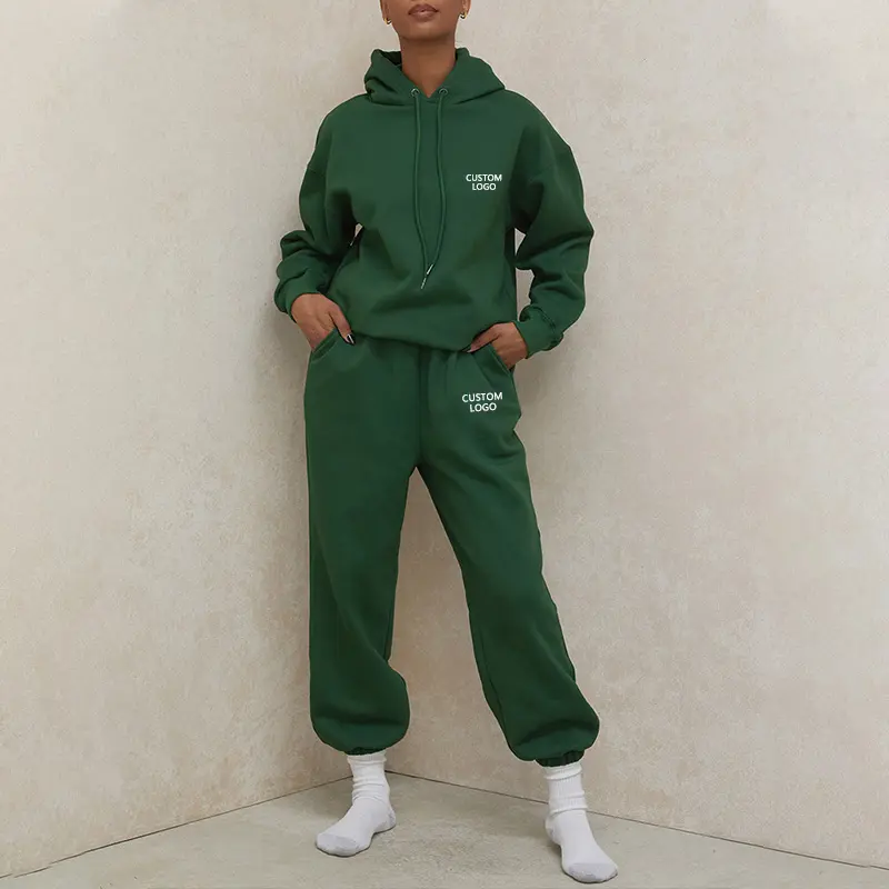 Wholesale Custom Logo Gogger 340g 100% Cotton Women Sportswear Sweat Suits Green Unisex Men Sweatsuit Tracksuit Set Jogging Suit