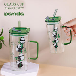 Tazza in Vetro Quadrata con Stampa di Panda Carino <span class=keywords><strong>per</strong></span> Donne, Bicchiere <span class=keywords><strong>per</strong></span> <span class=keywords><strong>Caffè</strong></span> e Tè, <span class=keywords><strong>Bicchieri</strong></span> Originali con Coperchio e Cannuccia - Product Image 2