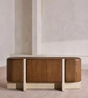 Buffet en chêne et travertin de style Mid-Century, armoire de rangement incurvée à 4 portes, meuble TV en bois massif pour villa, hôtel de charme