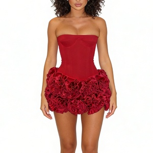 Women's Strapless Corset <b>Top</b> & 3D Floral Mini Skirt Set - Lace-Up Back Corset With <b>Rose</b> Hem Skirt 2 Piece Set Fashion - Product Image 1