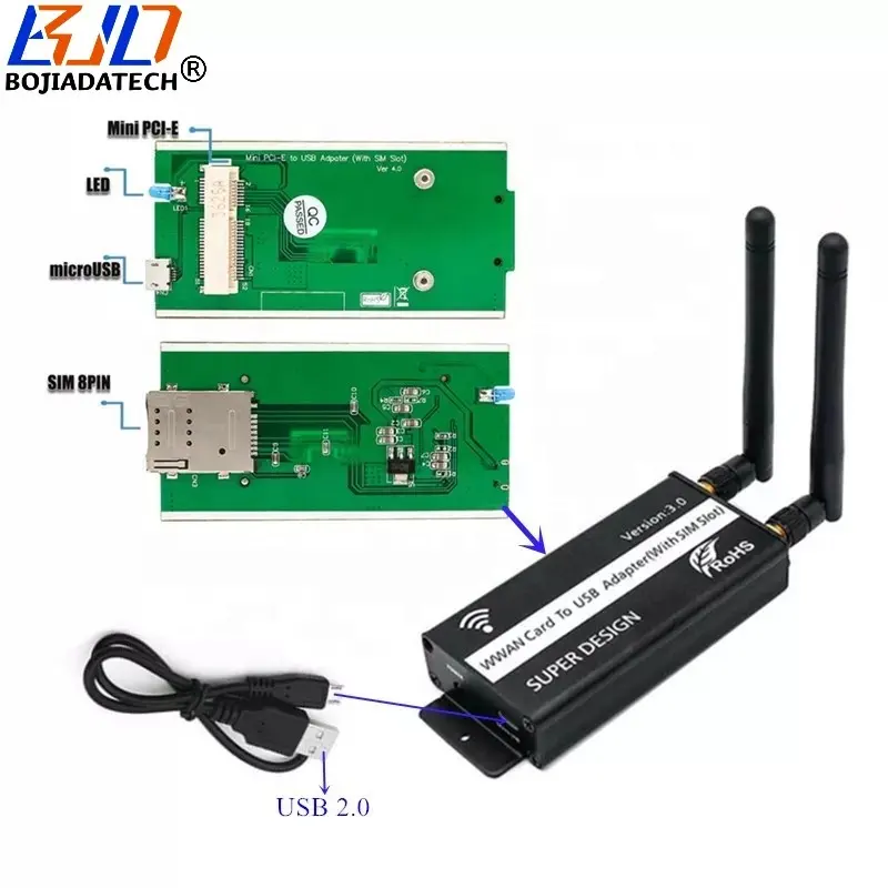 Conector USB 2,0 a adaptador inalámbrico Mini PCI-E 1 ranura para tarjeta SIM con 2 antenas + funda protectora para módem GSM 3G 4G LTE WWAN