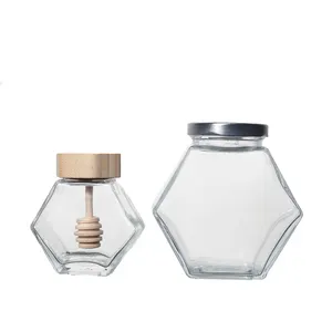 KDG marca vetreria esagono selce di vetro barattolo di miele con coperchio di bambù mescolare 100ml 280ml 380ml vasetti di vetro per il miele all'ingrosso