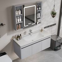 Perlengkapan Kamar Mandi Hotel, Unit Vanity Kamar Mandi Aluminium Gantung Dinding, Finishing Cat Gloss Abu-abu, Kabinet Kamar Mandi dengan Fitur Pintar