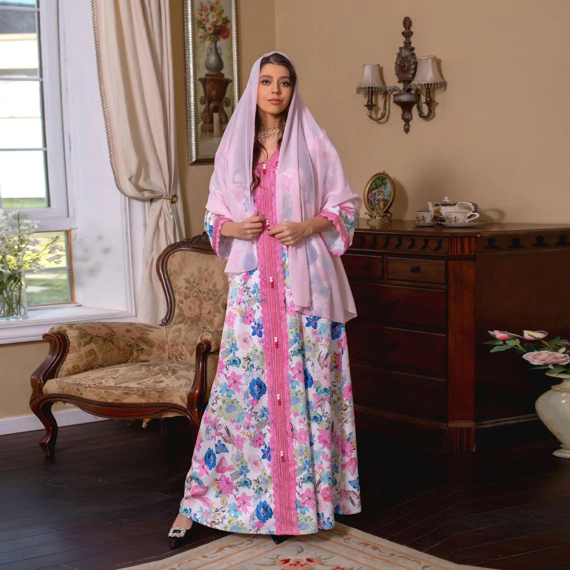 Y ab279 Trung Đông của phụ nữ in dài ăn mặc màu hồng ren áo
